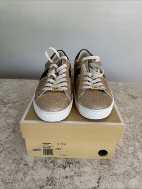Michael Kors Gold Glitter Sneakers with Black Stripe and White Laces